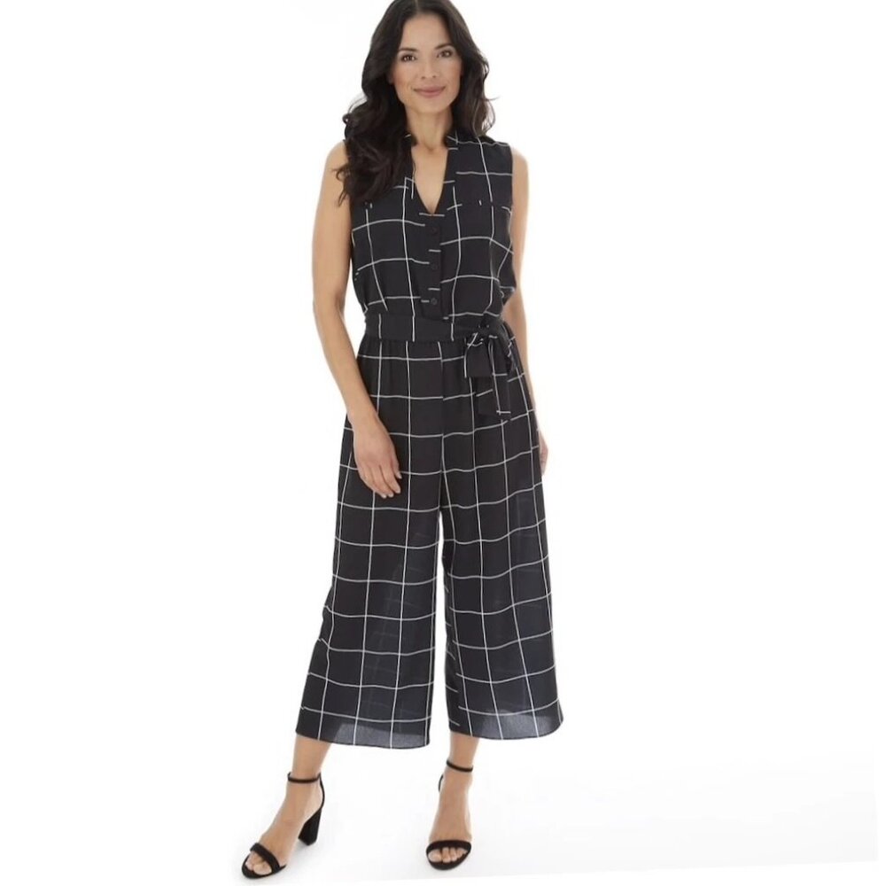APT. 9 Black White Windowpane Sleeveless Wide-Leg Jumpsuit XL
